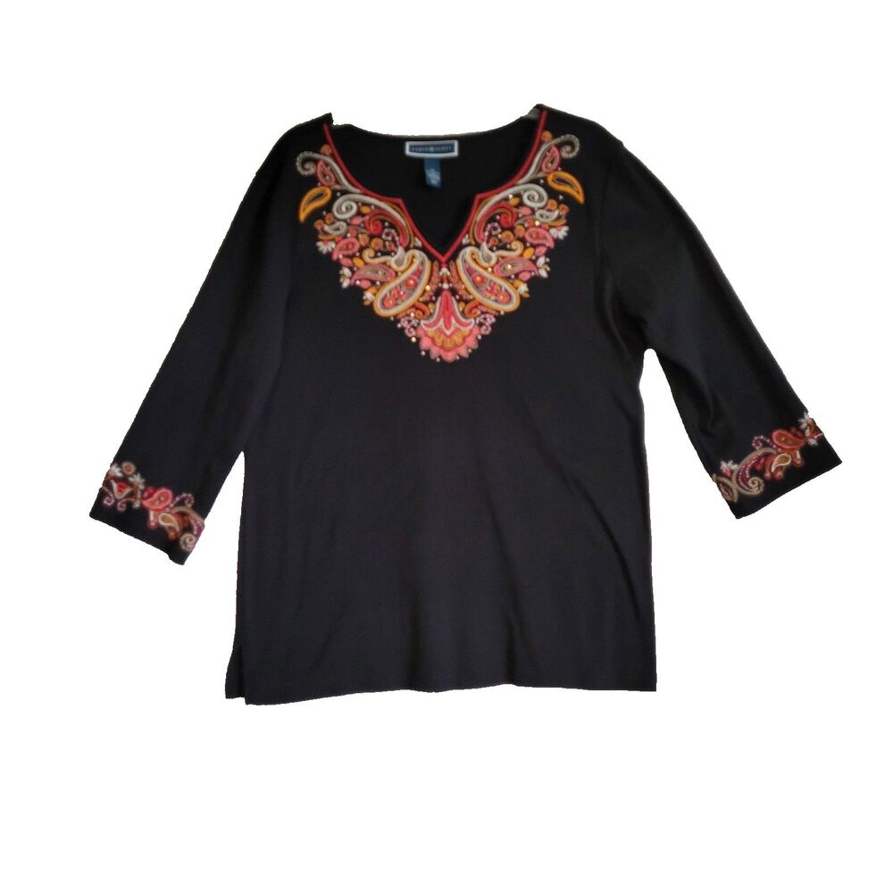Karen Scott Women Top XL Black Embroidered Boho Peasant Pullover Tunic
